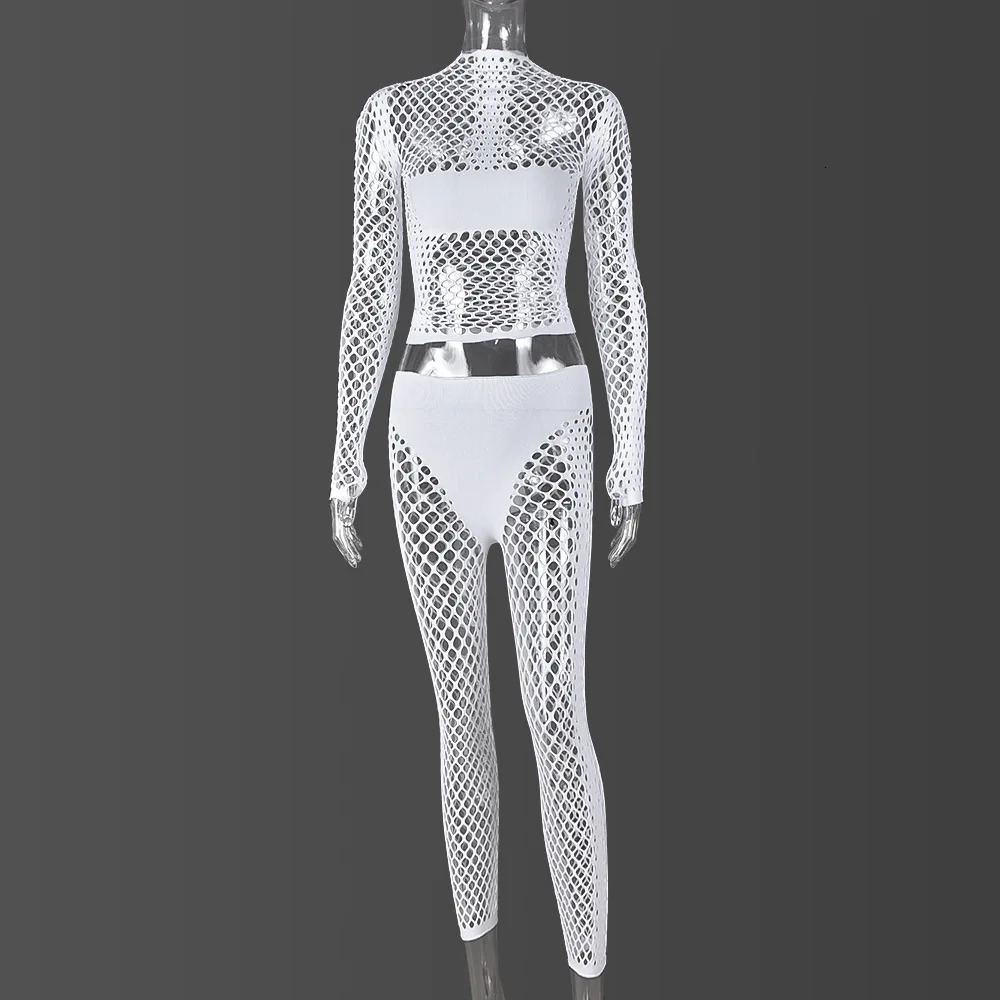 CM.YAYA O-neck Full Sleeve Women Sets Mesh Hollow Out Casual Top Pant Night Club 2 Two Piece Sets Sexy Perspective Outfits 250122