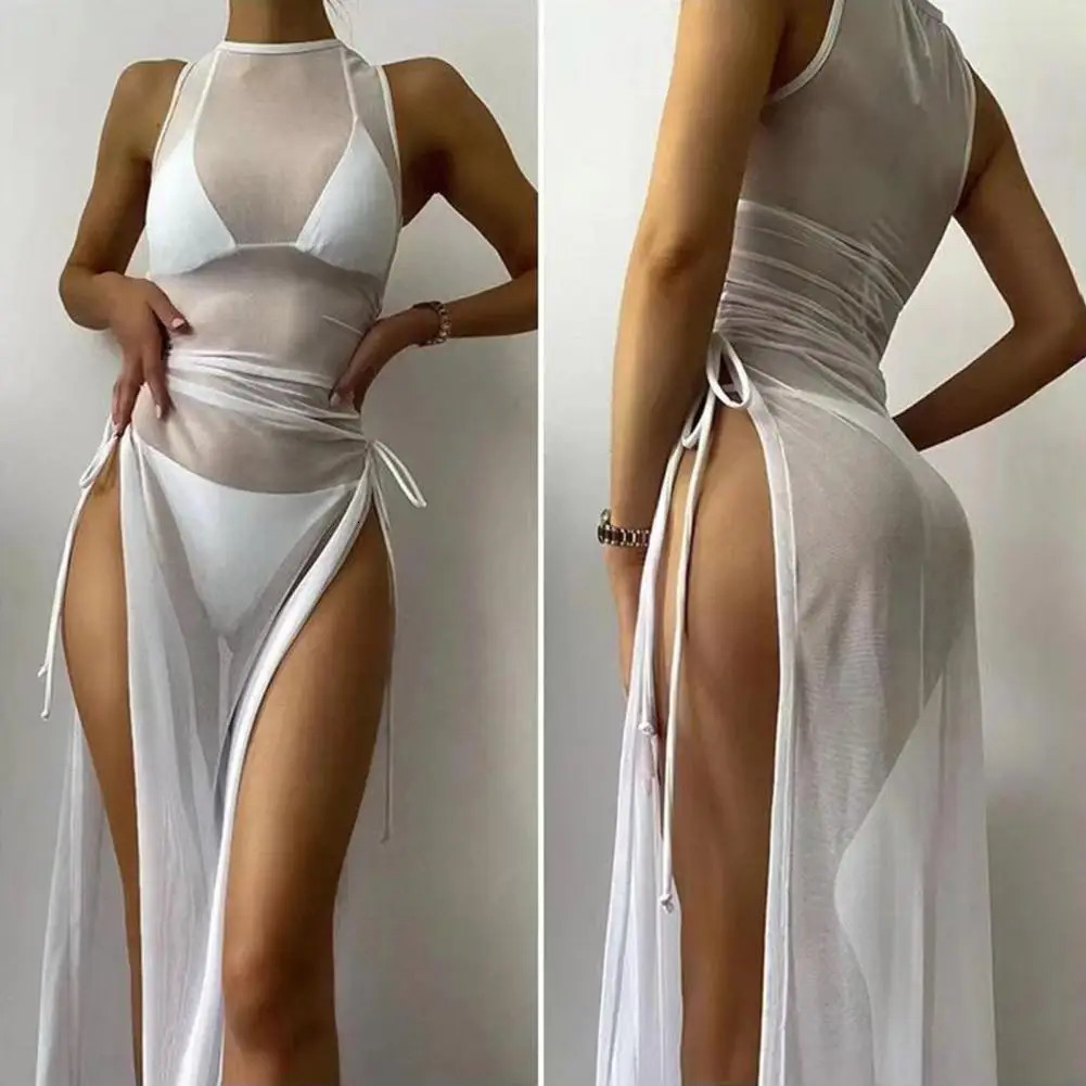 Oneck Side High Split Shirring Cover Up Dres Mesh Transparent Sleeveless Sunscreen Dress For Vacation y250120