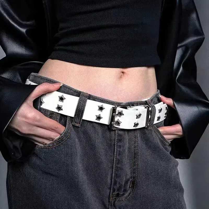 110cm Waist Belt Y2K Punk Rivet Leather Belts Women Men Star PU Black White Waist Strap Double Row Hollow for Jeans Skirt Decor W250120