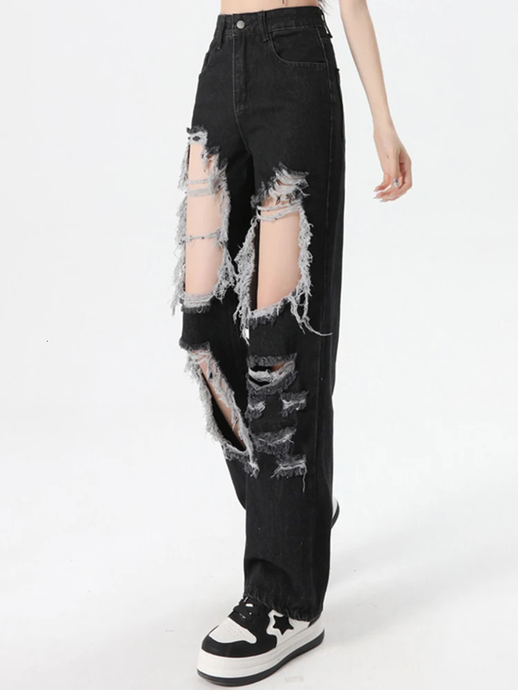 Women Korean High Waist Grunge Ripped Jeans Lady Street Gothic Denim Straight Leg Pants Girls Fashion Black Hole Trousers 250122