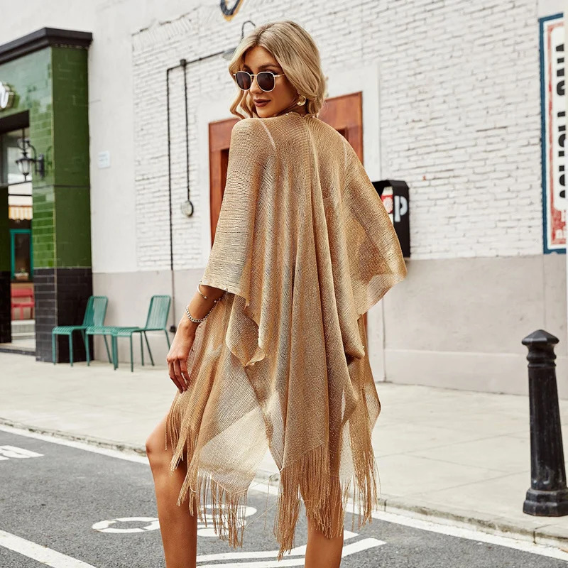 2023 Swimsuit Coverups Fashion Tassel Gold Bikini Beach Cover Up Sexy Dress Tunics for Women Summer Wear See Through 250121