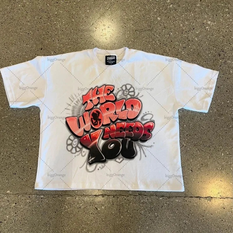 2024 Trendy Colorful Streetwear Y2K Harajuku Retro Letter Printing Oversized Tshirt Men Pure Cotton Casual Tops Couples 250122