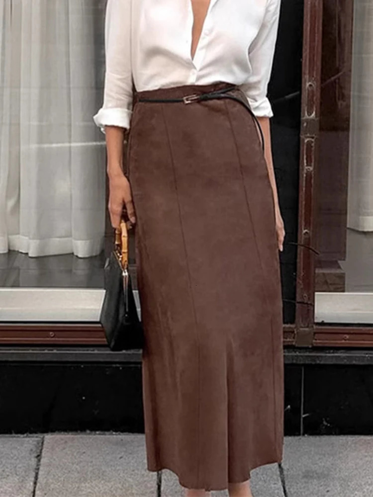 Casual Suede Skirts Women Vintage Loose High Waist Flare Fishtail Female Autumn Winter Fashion Soft Zipper Skirts Lady 250117