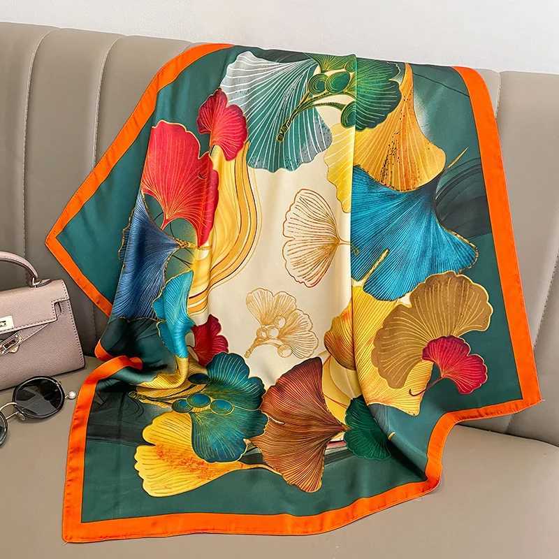 Spring/Summer Ginkgo Leaves Imitation Silk Neck Scarf Outdoor Decoration Wr for Women Breathable Print 70*70cm Square Scarf W250118
