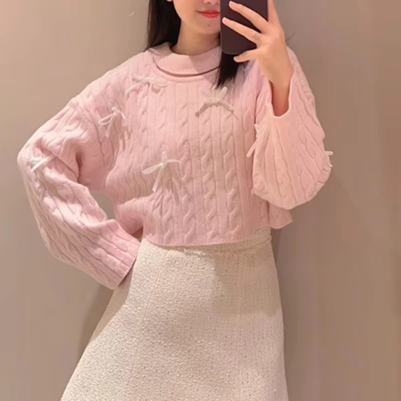 Long Sleeve Loose Women Knitted Tops Autumn 2024 Female Sweet Hollow Out Pullovers Bow All-Match Sweater