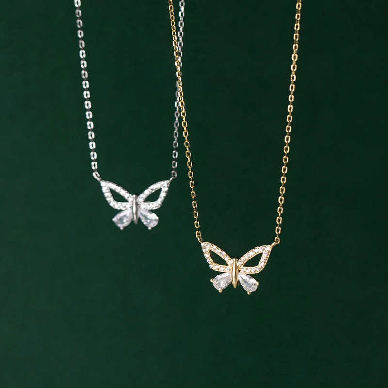 WANTME 925 Sterling Silver Shiny CZ Romantic Butterfly Clavicle Pendant Charm Necklace for Women Fashion Wedding Party Jewelry 250117