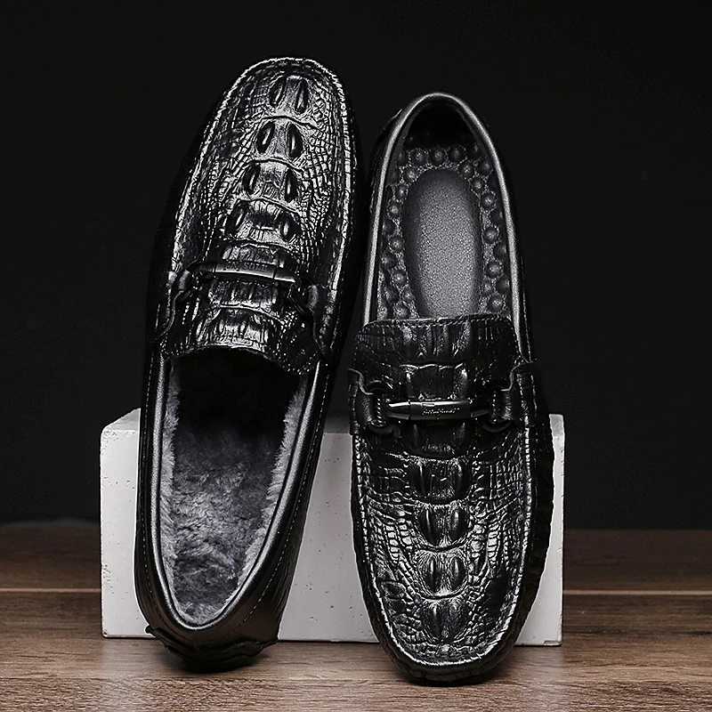 Genuine Leather Loafers Mens Luxury Slip Casual Driving Shoes with Fur Winter Warm Shoes Men Boat Shoes Size 38-45XJ250118