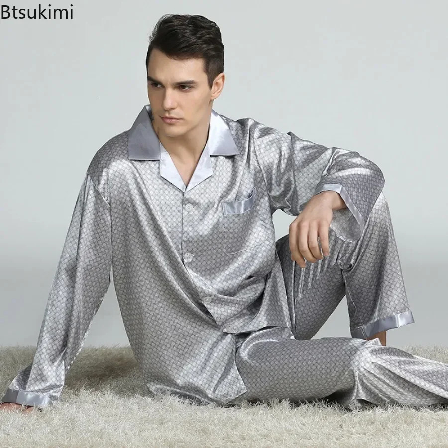 Mens Spring Summer Pajamas Sets Long Sleeve Tops Pants Twopieces Satin Home Clothes Male Ice Silk Printed Lounge Nightwear 250122