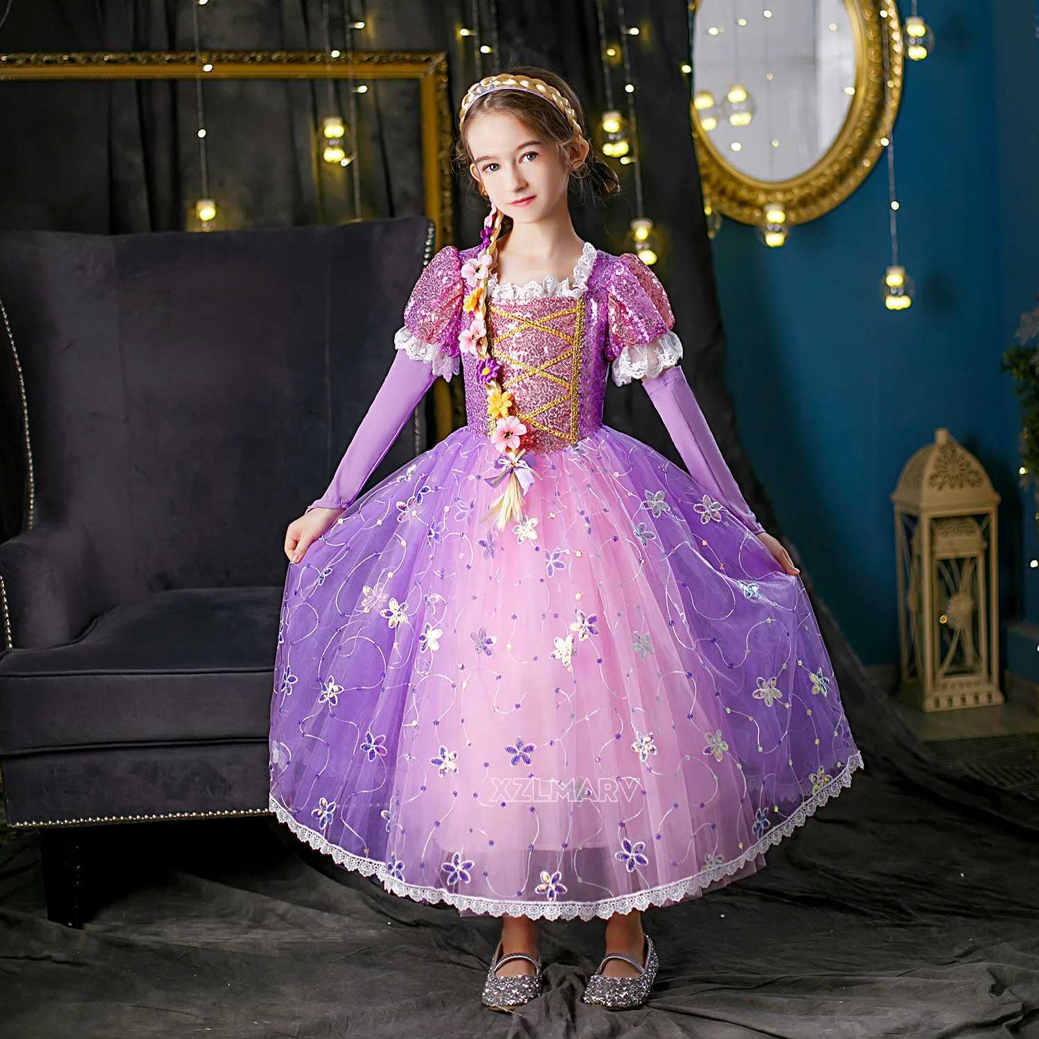 Children Girl Rapunzel Dress Kids Tangled Disguise Carnival Girl Princess Costume Birthday Party Gown Outfit Clothes 2-10 Years W250117