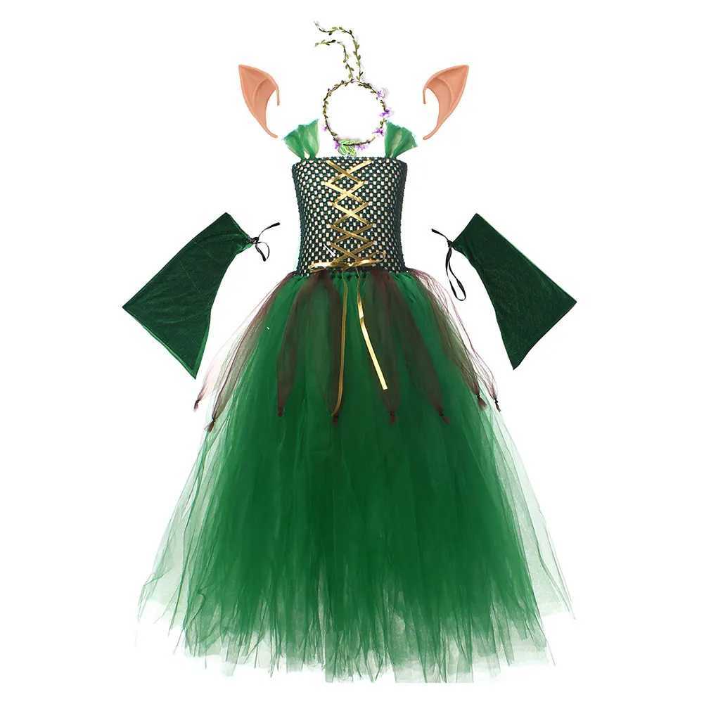Kids Girls Elf Cosplay Tutu Dance Skirts Costume Children Roleplay Dress Up Performance Stage Dress Elf Earrings Halloween Cloth W250117