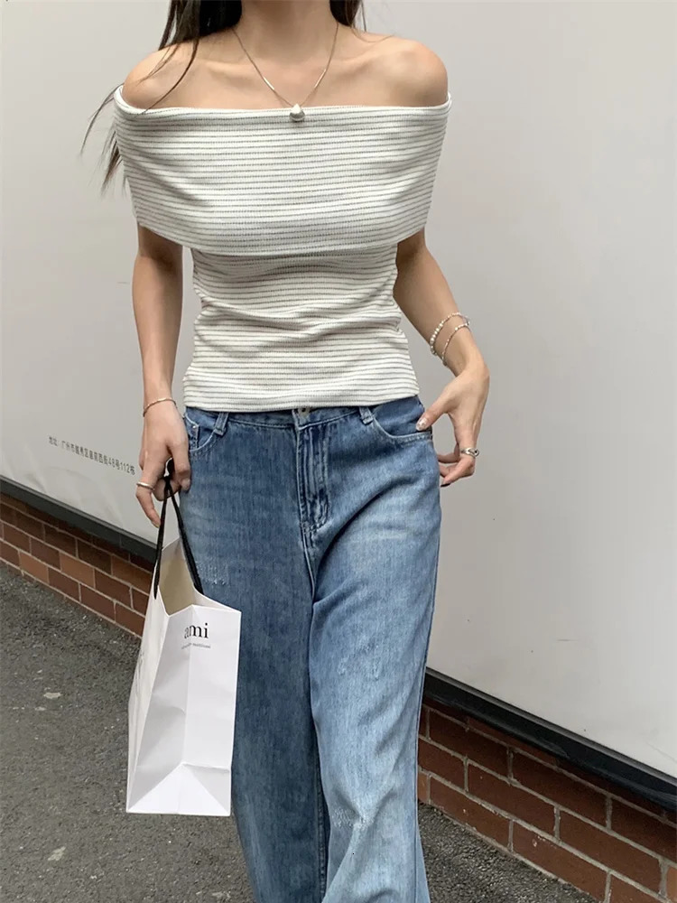 Chic Women Sexy Off Shoulder T-shirt Summer Knitting Stripe Slim Crop Top Y2K Vintage Harajuku White Tee Elegant Female Clothes 250110