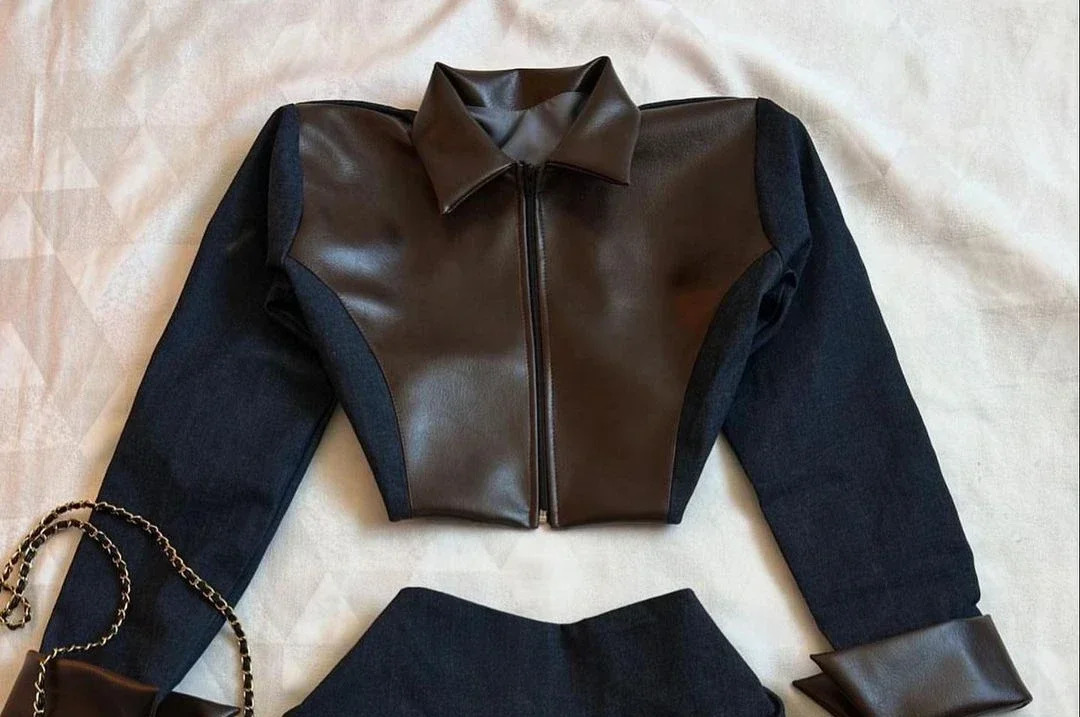 Y2K Denim Leather Splicing Two Piece Set Goth Zipper Long Sleeved Jacket Harajuku tie Pleated Skirt Autumn Suit 250122