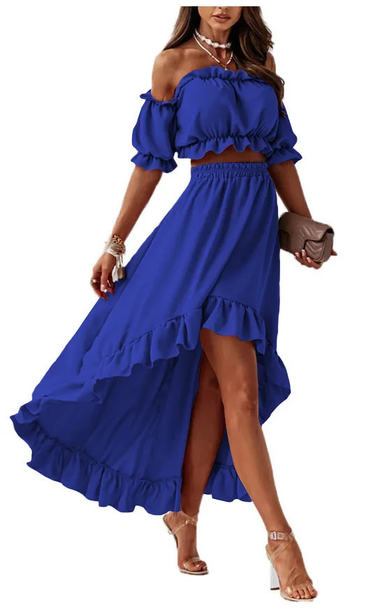 Womens Solid Color One Line Collar Sexy Waist Revealing Bubble Sleeve Top With Lotus Leaf Skirt TwoPiece Set For Women 250122
