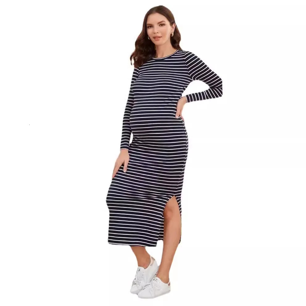 Womens Summer Long-sleeved Breathable Stripe Round-neck Pregnant Womens Dress For Comfortable Maternity Wear Maxi Skirt 250116