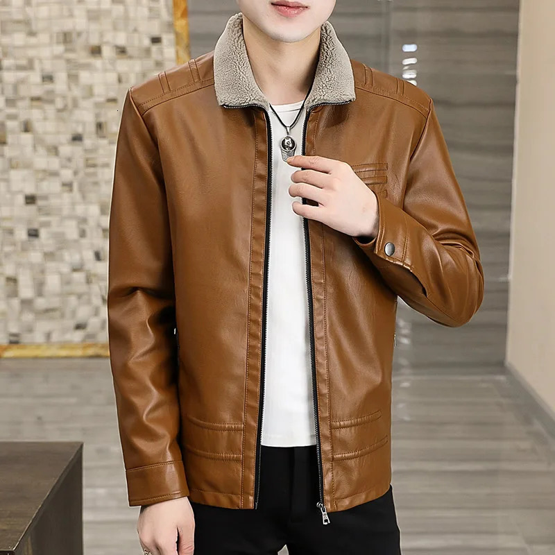Fur Collar PU Leather Jacket Men Winter Leather Jacket Solid Color Thick Coat Male Thermal Fleece Casual Stand Collar Clothing 250120
