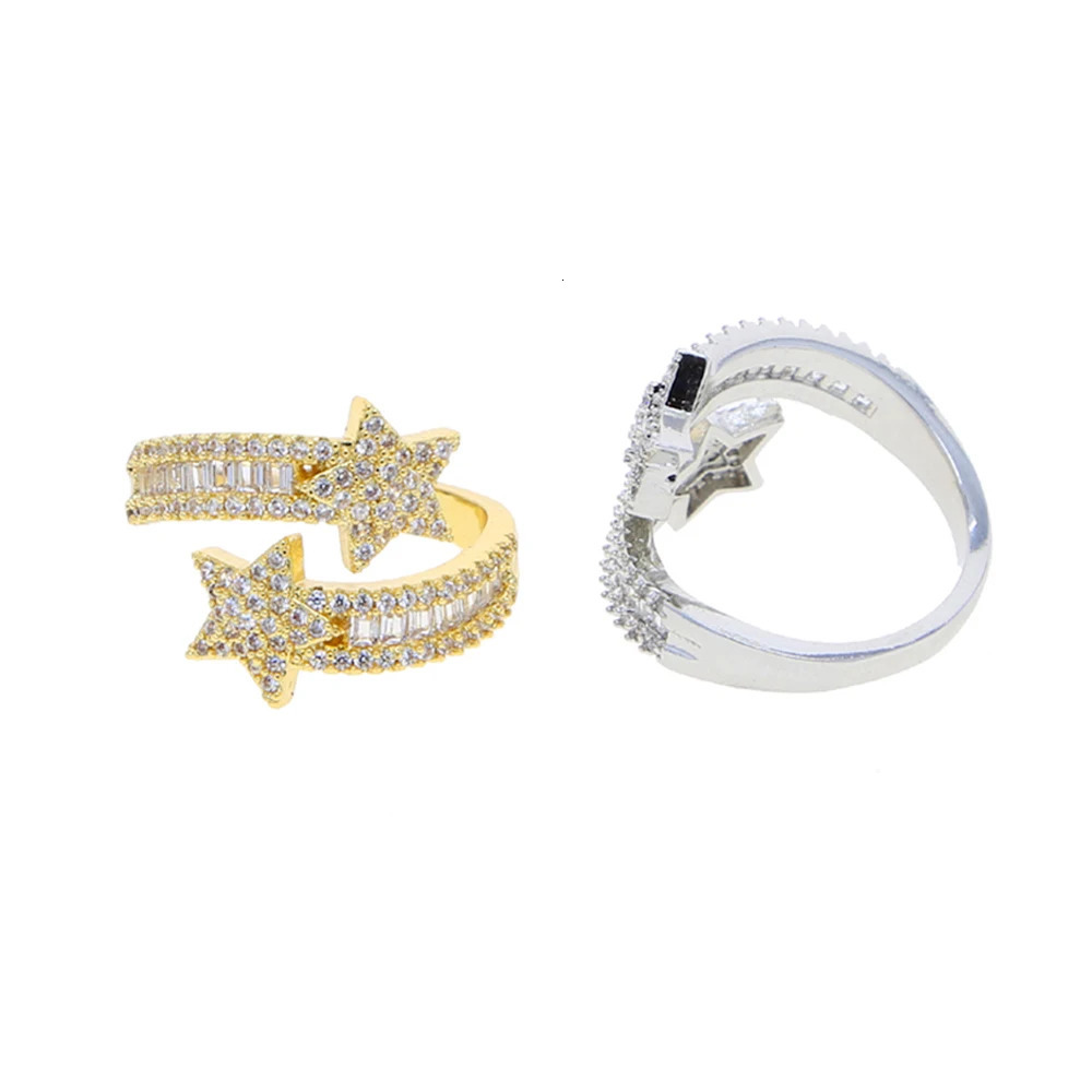 Iced Out Star Ring Silver Bling 5A CZ zircon open adjustment bright star charm fingers suitable for womens hip-hop jewelry 250109