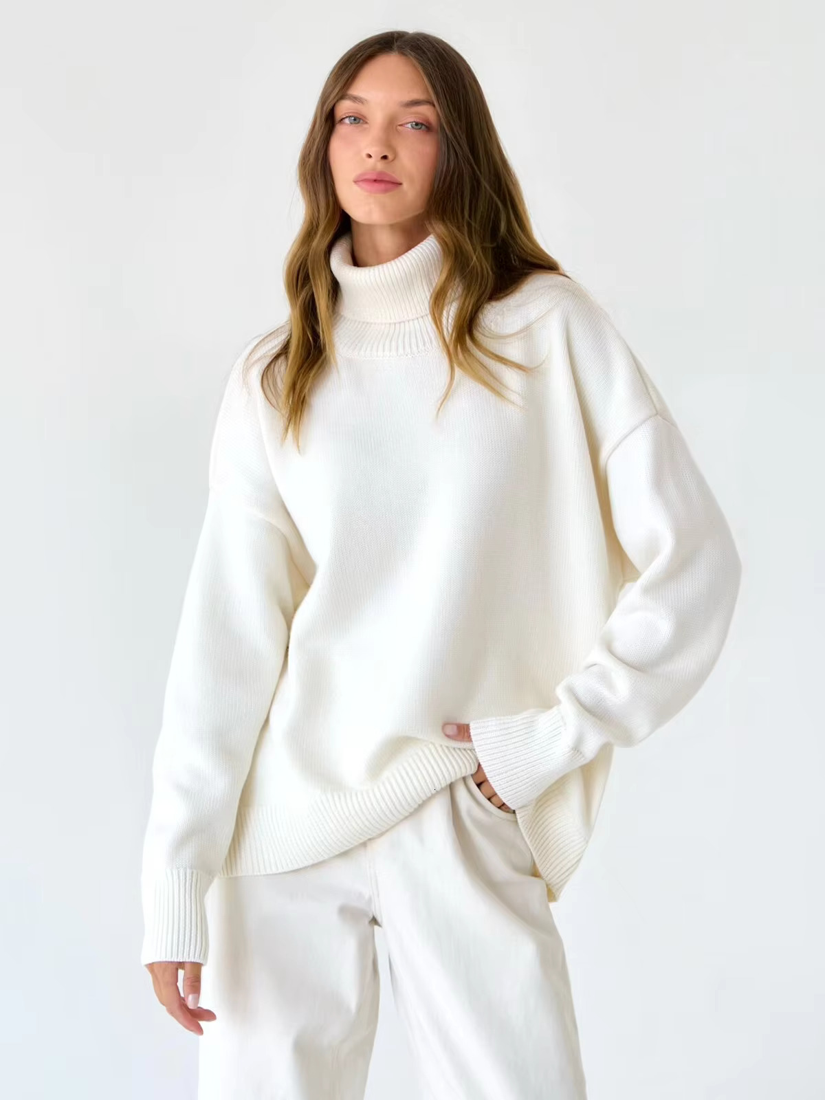 Fashion Women's Turtleneck Autumn Winter New Knit Pullover Oversized Jumper Female Loose Casual Solid White Sweater Tops