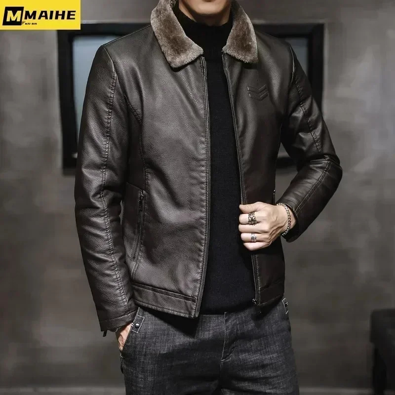 Vintage Brown Leather Jacket Mens Winter Faux Fur Collar Windproof Warm Coat Male Clothing chaqueta cuero hombre 250120