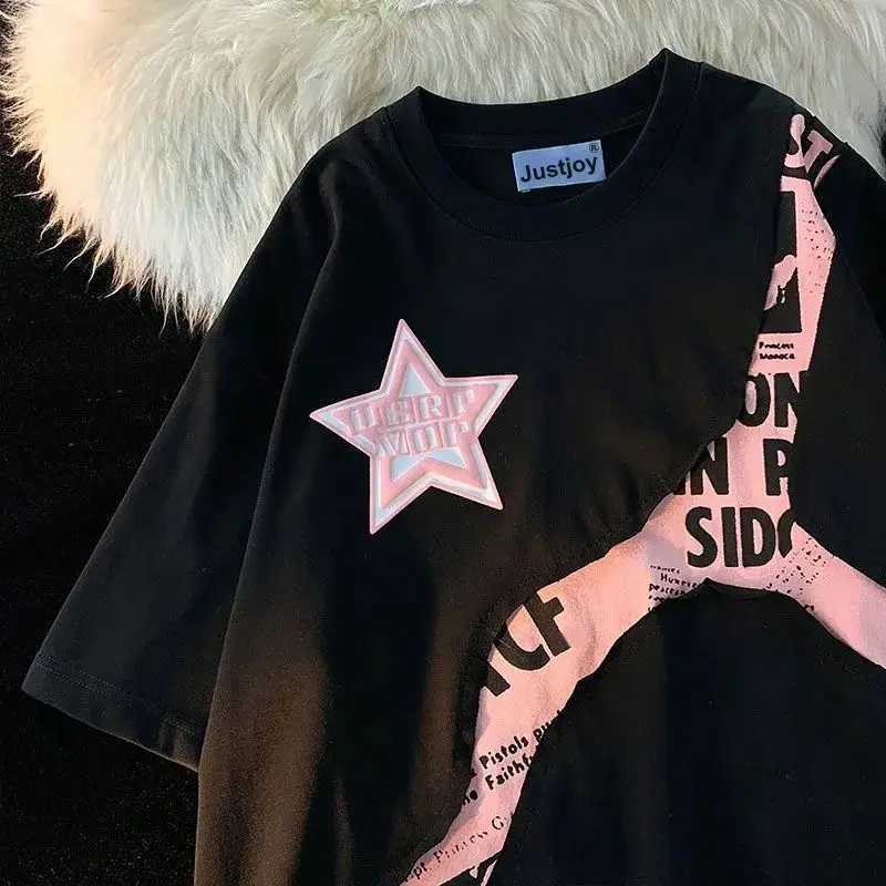 Y2k American retro hip-hop mens and womens trend and personalized splicing work round neck short sleeved casual T-shirt W250117
