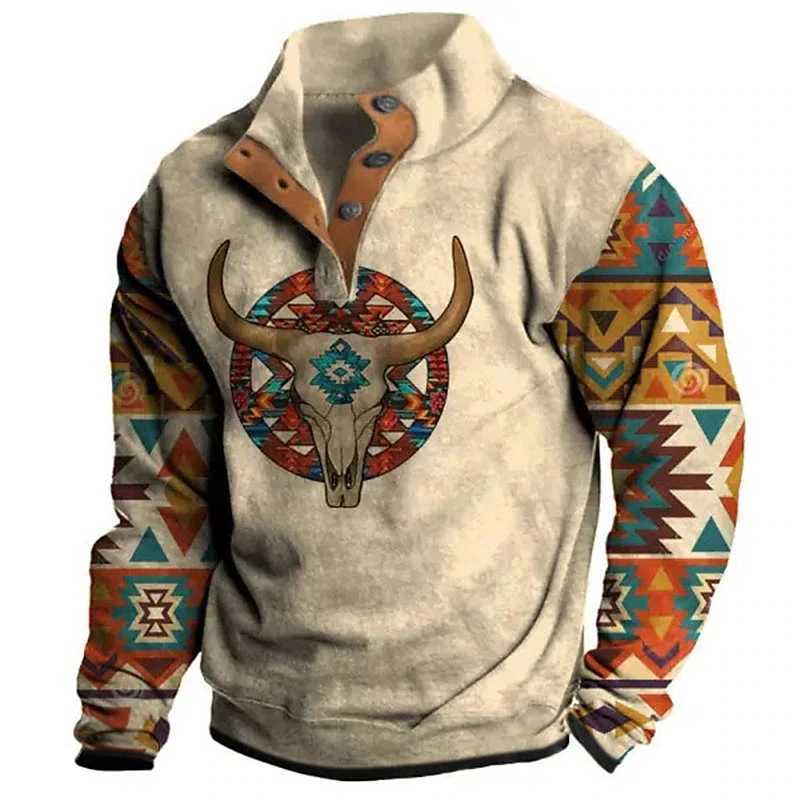 Mens Hoodie Autumn Long Sleeve Sweatshirt Vintage Aztec Cow Skull Print Oversized Y2K Clothing Button Fashion Hoodies for Men W250117