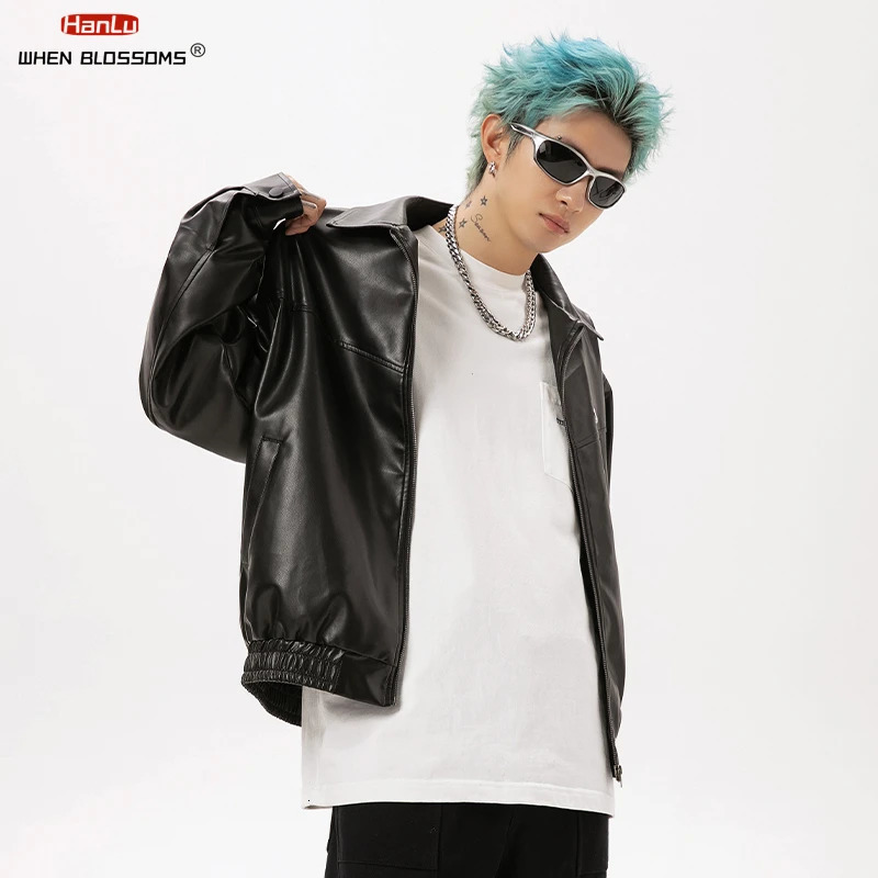 Metal Printed Black PU Leather Jacket for Men and Women Trendy American High Street Spring Couple Trend 250120