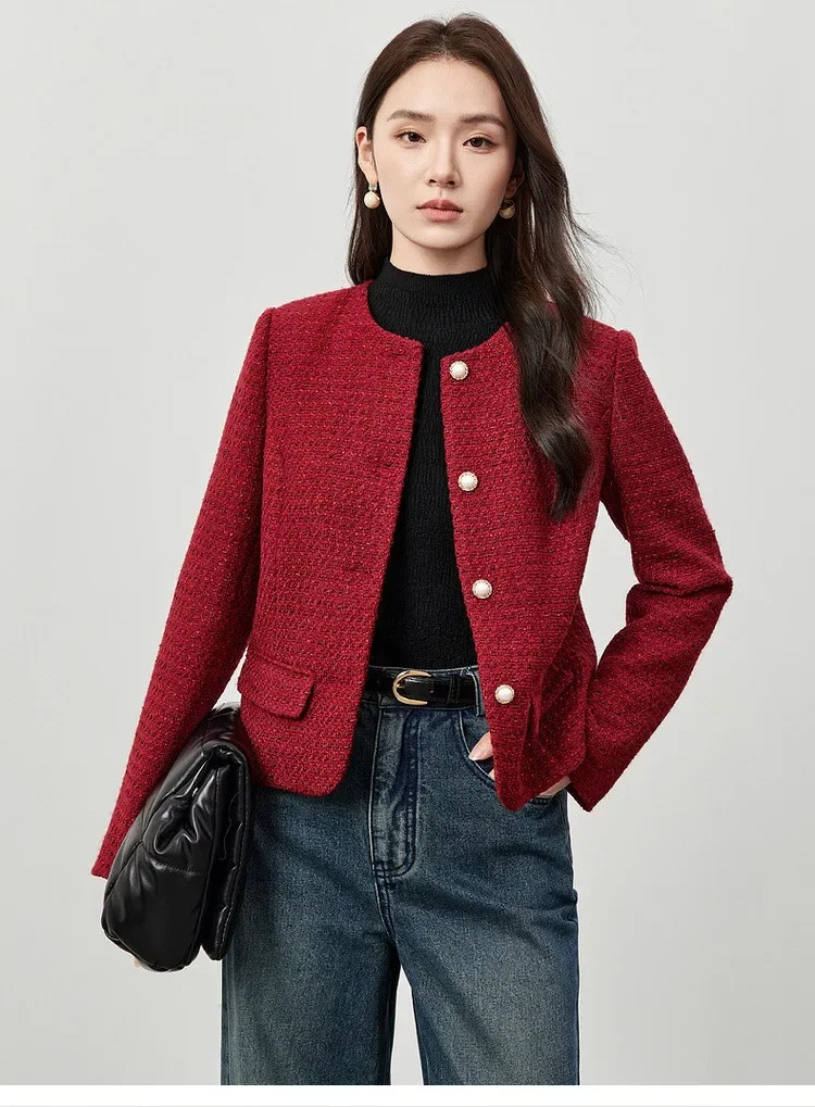 SENTUBILA Womens Tweed Jackets Spring Winter Long Sleeve Short Coat Commute O Neck Single Breasted Outerwear 143W58355 250122