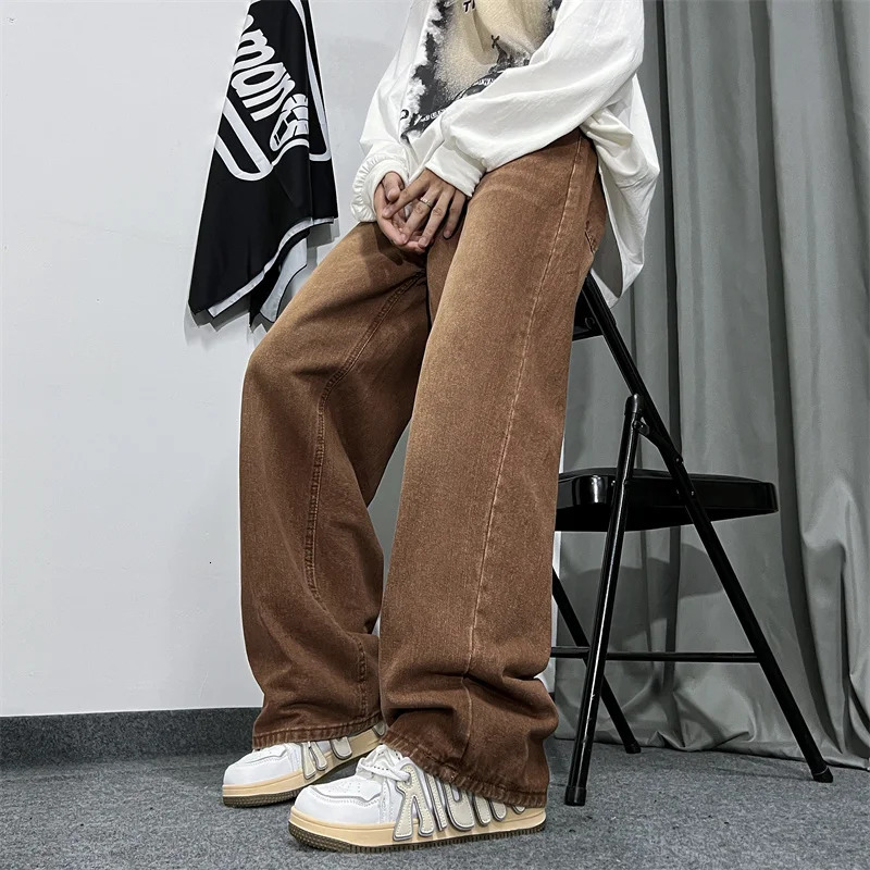 Brown Baggy Jeans Men Fashion Casual Vintage Streetwear Hiphop Loose Straight Mens Retro Denim Trousers M3XL 250121