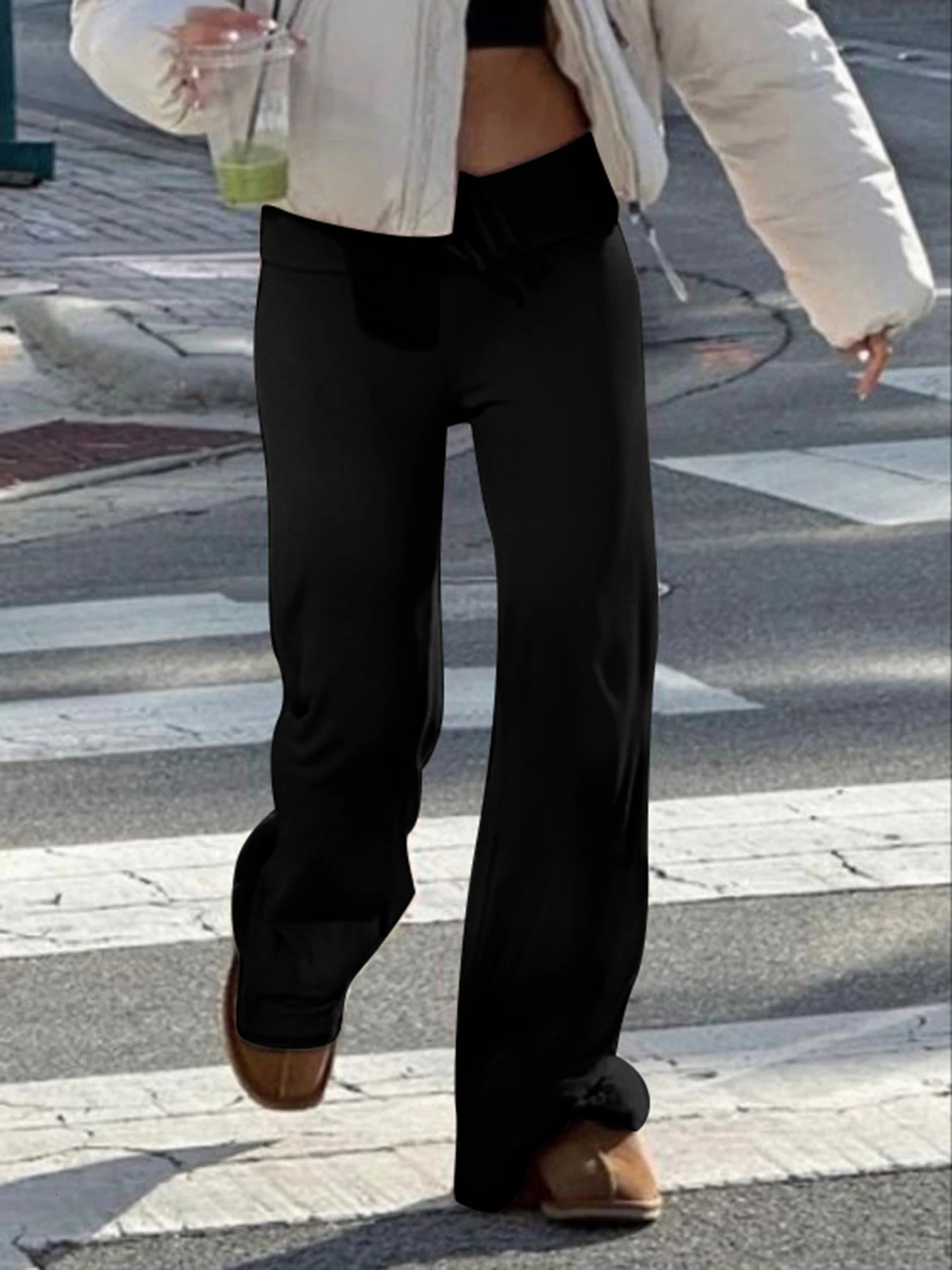 Solid Drawstring Low Waist Straight Pants Women Basic Casual Jogger Sweatpants 250122