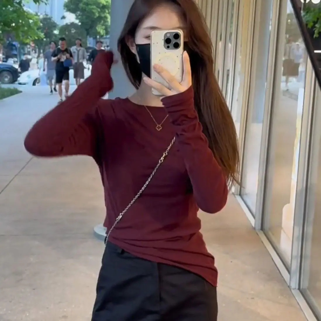 Round Neck Solid Long-sleeved T-shirt Early Autumn Tight-fitting Slim Tops Bottoming Shirts Women Style 250109