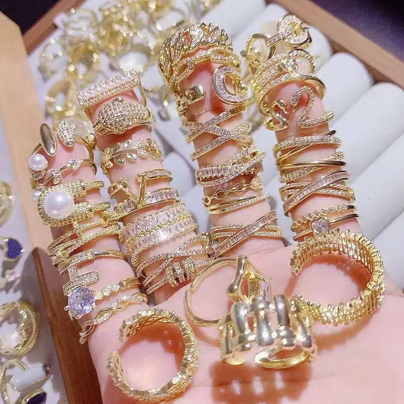 10Pcs/Lot Fashion Crystal Zircon Rings For Women Korean Elegant Copper Alloy Flower Rings Finger Accessories Jewelry Gift 250121