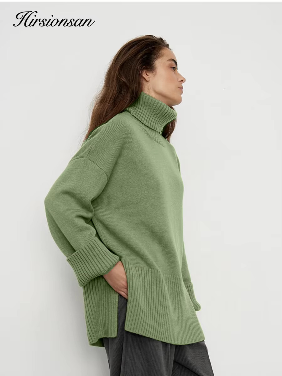 Hirsionsan Chic Turtle Neck Autumn Winter Sweater Women Soft Warm Basic Knitted Split Pullover Loose Casual Female Jumper
