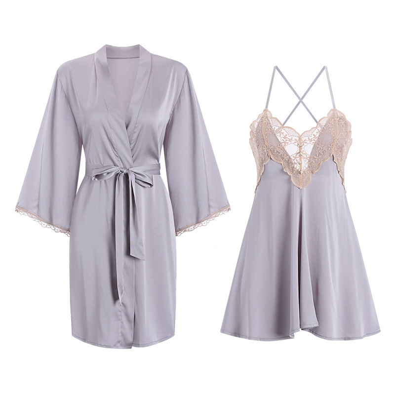New hot-selling European and American style sexy loose pajamas backless pajamas solid color comfortable suspender skirt lace-up cardigan robe home set