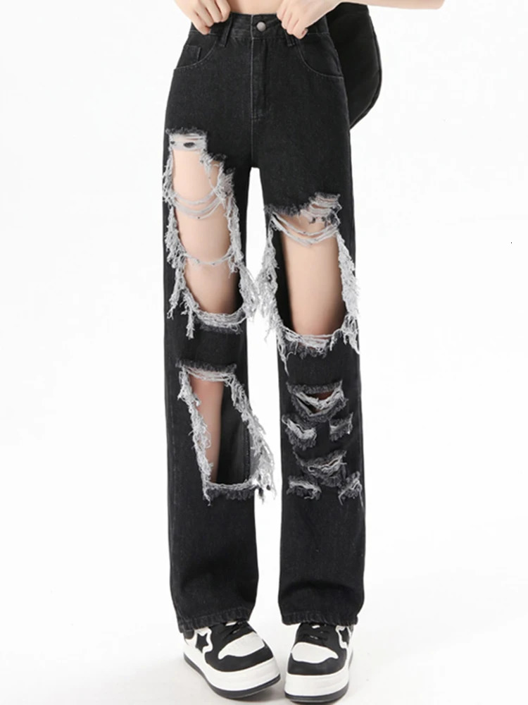 Women Korean High Waist Grunge Ripped Jeans Lady Street Gothic Denim Straight Leg Pants Girls Fashion Black Hole Trousers 250122