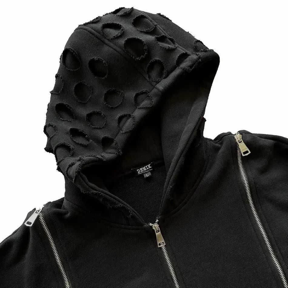 Y2K New Hollow Zipper Hooded Sweatshirt Men Women Clothing Harajuku Gothic Detachable Sleeves Black Sweatshirt Hoodie Hole Tops W250117