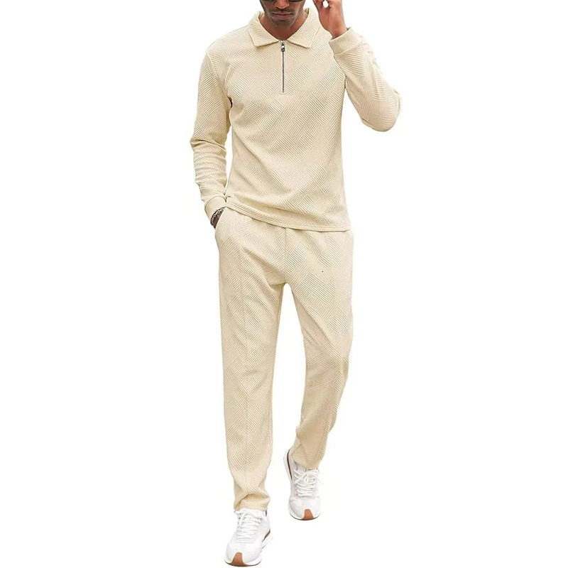 Casual Solid Color Textured Outfits For Mens Autumn Fashion Polo Shirt And Pants Two Piece Sets Men Clothing Vintage Suits Male 250109