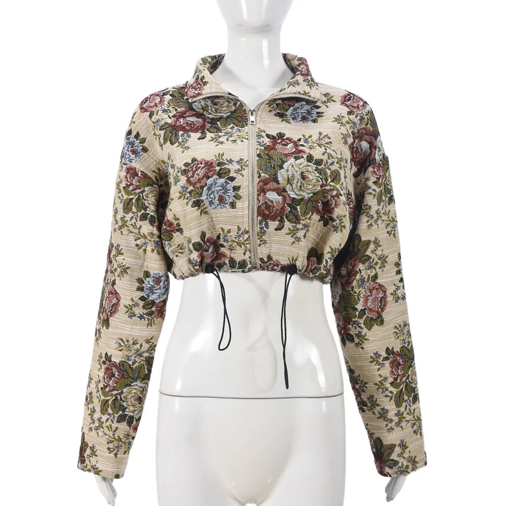 Womens Vintage Floral Embroidery Cropped Jackets Lapel Long Sleeve Zipper Drawstring Casual Coats Spring Fall Y2K Clothes 250118