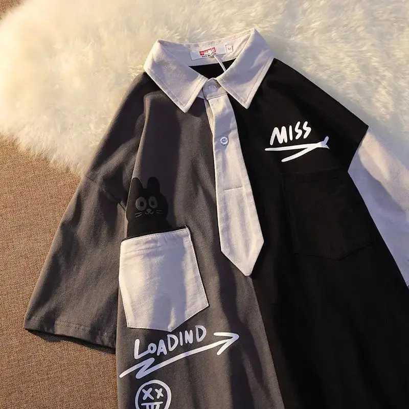 Summer street retro patch polo short sleeved mens and womens trendy personalized letter printing loose casual T-shirt top y2k W250117