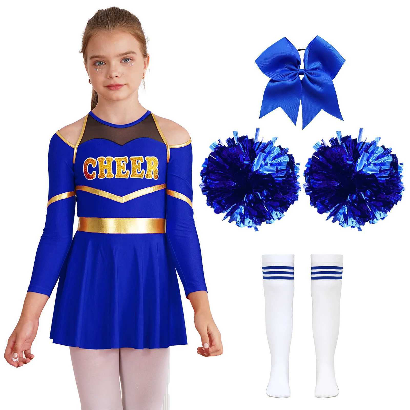 Kids Girls Cheerleading Costumes Uniform Long Sleeves Dance Dress with Hand Flowers Headwear Striped Socks for Stage Performance W250117