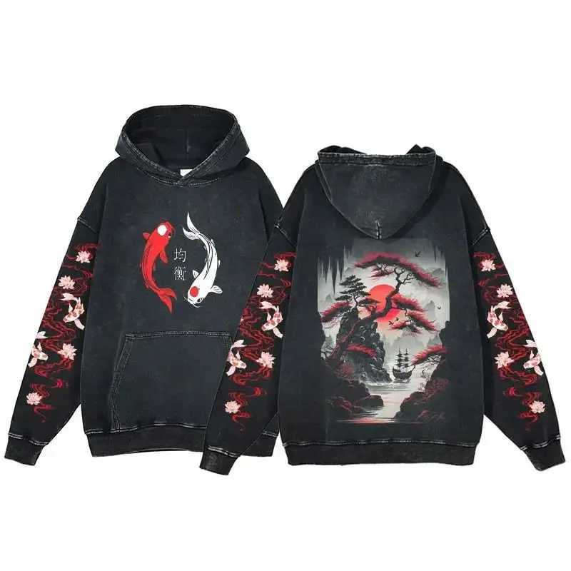 Y2K Harajuku Hoodie Men Ukiyoe Koi Fish Vintage Acid Wash Sweatshirt Hoodies Teen Hip Hop Long Sleeve Oversized Gothic Pullover W250117