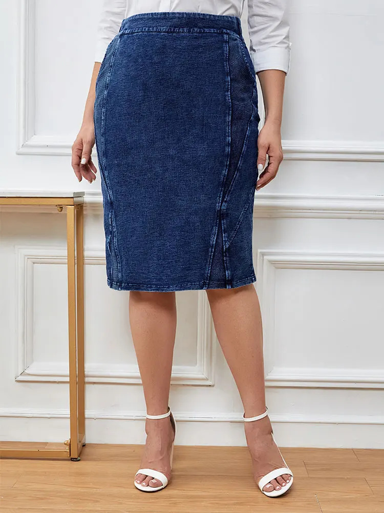 Womens plus Size Casual Denim Skirt High Waist ALine KneeLength Blue Vintage Flared Skirts for Women y250121