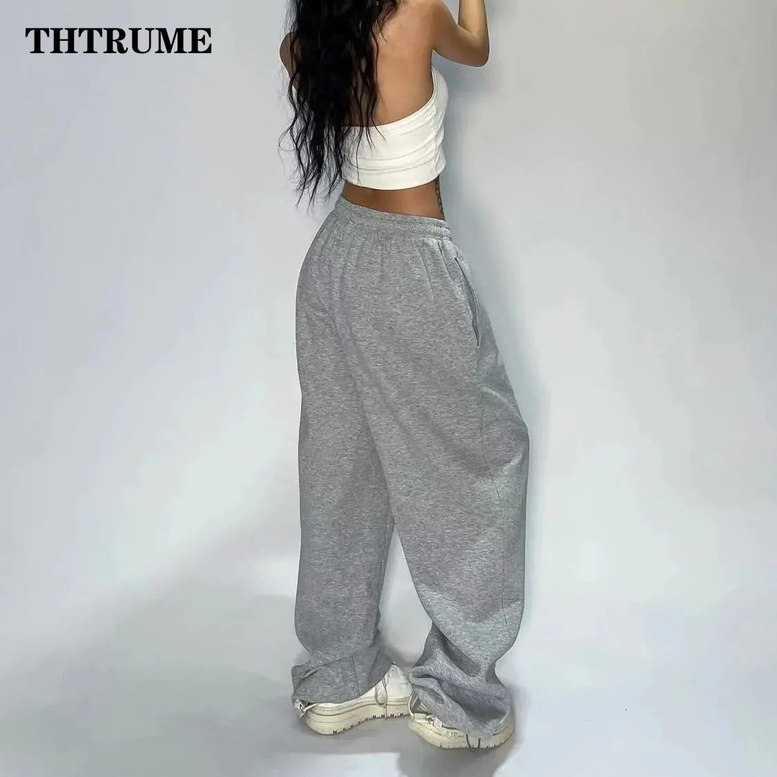 Casual Women Solid Pant Fashion Summer Oversized Vintage Pocket Drawstring Wide Leg Pants Elegant Loose Baggy Chic Trousers 250122