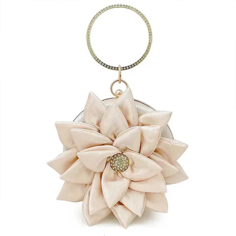 Sweet Flower Shape Womens Evening Bags Elegant Fashion Graceful Round Satin Clutch Chic Rhinestone Bracelet Handbags 250113
