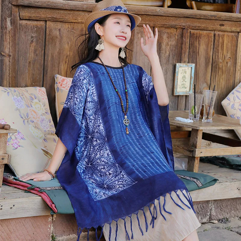 Summer Tie Dyed Ethnic Style Shawl Yunnan Dali Tourism Cloak Coat Shoulder Padded Sunscreen Cloak Tassel Shawl Girl 250121
