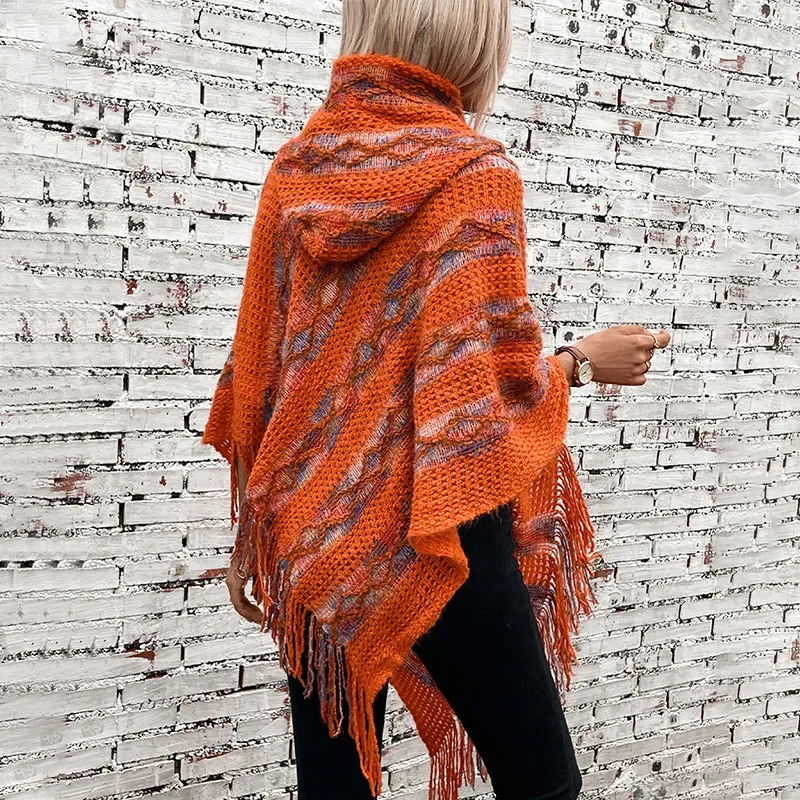 Women Knitted Hooded Cape Shawl Print Striped Tassel Spliced Ponchos Pullover Elegant Loose Cloak Ladies Autumn Winter 250121
