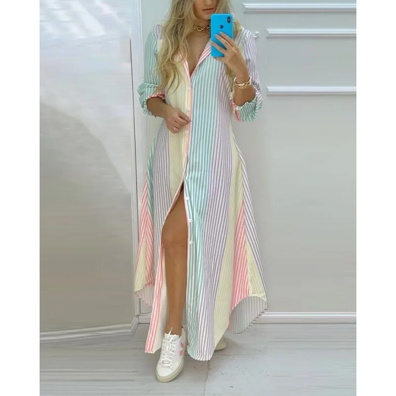 Bohemian womens printed long sleeved dress summer lapel long sleeved party dress womens casual evening dress vest 250117