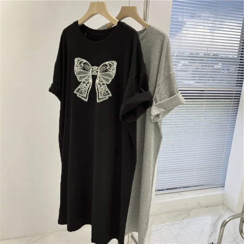 Womens summer thin cotton milk silk dress with lazy print bow medium length loose fit suitable for weight loss dress black 250110