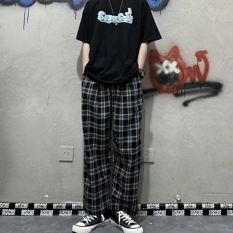 Korean Style Plaid Pants Women Summer Loose Straight Wideleg Casual Office Lady Trousers Daily Sweatpants Female 250122