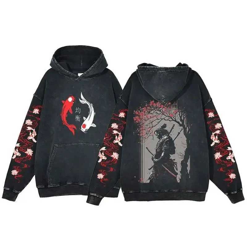 Y2K Harajuku Hoodie Men Ukiyoe Koi Fish Vintage Acid Wash Sweatshirt Hoodies Teen Hip Hop Long Sleeve Oversized Gothic Pullover W250117