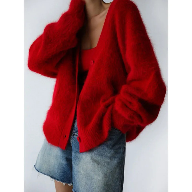 Ladies Wool Knitted Sweater Cardigan Europe And America Autumn And Winter Lazy Loose Long-Sleeved V-Neck Sweater Coat 250118