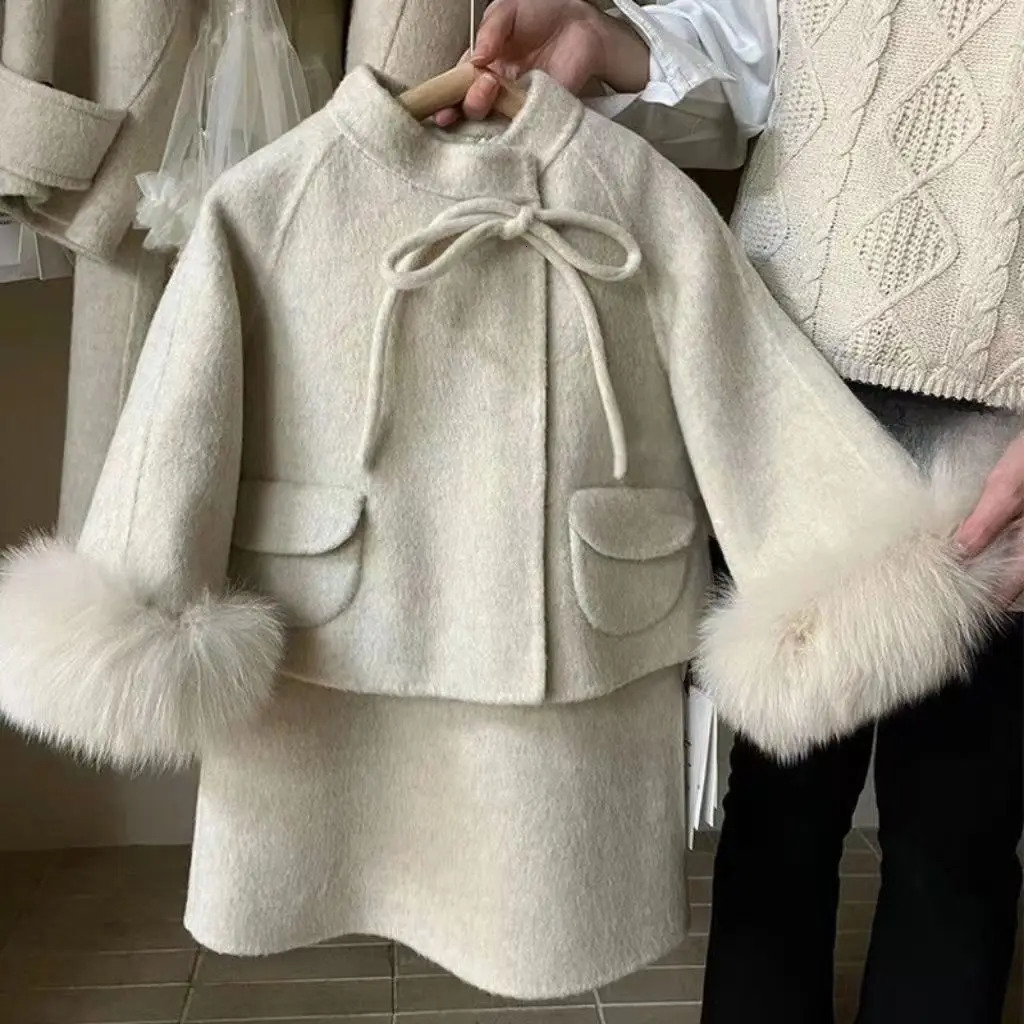 Elegant children clothing girl woolen jacket autumn and winter style girl western-style vest skirt fur edge woolen coat trend 250113